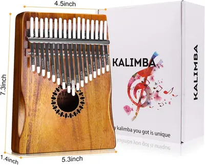 Communicates the exact physical dimensions of the kalimba (7.3 x 5.3 x 1.4 inches, 4.5 inch width) to help shoppers understand the product's size and portability.