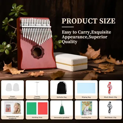 Shows all items included with the kalimba purchase to reassure shoppers they're getting a complete package with protective accessories, tuning tools, and instructional materials.