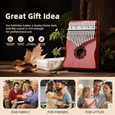 Positions the kalimba as a perfect gift for various recipients (family, friends, children) while highlighting its benefits as an educational and creative musical instrument. Communicates multiple…