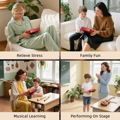 Demonstrates the versatility of the product by showing four distinct use scenarios—personal relaxation, family entertainment, educational learning, and performance—to communicate that this product…