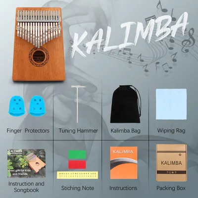 Shows everything included in the purchase: the kalimba instrument, finger protectors, tuning hammer, carrying bag, wiping rag, instruction materials, and packaging to reassure shoppers they're…