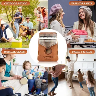 Demonstrates the versatility of the product (kalimba/thumb piano) by showing it can be used across multiple social settings and occasions, from outdoor gatherings to family activities to music…