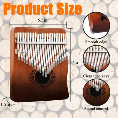 Communicates the exact physical dimensions of the kalimba (5.5in x 7in x 1.5in) and highlights key product features like smooth edges, clear tone keys, and sound control to help shoppers understand…