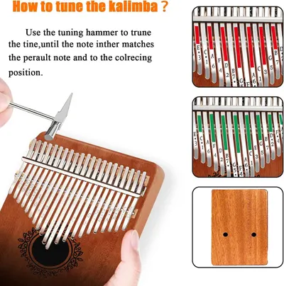Explains how to tune the kalimba using a tuning hammer to match the correct note position, providing clear setup and usage guidance for the customer.