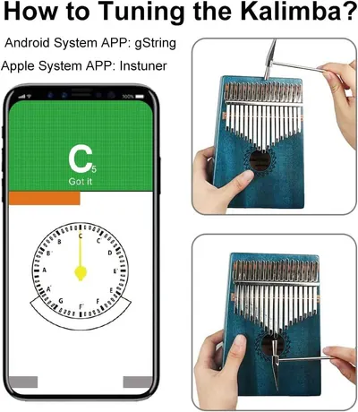 Demonstrates how to tune a Kalimba instrument using a mobile app and physical adjustment, providing step-by-step visual guidance for proper tuning technique.