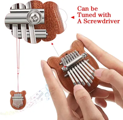 Highlights the tunable screw mechanism of the thumb piano, showing shoppers that the instrument can be easily adjusted with a screwdriver for tuning purposes. Communicates the ease of tuning the…