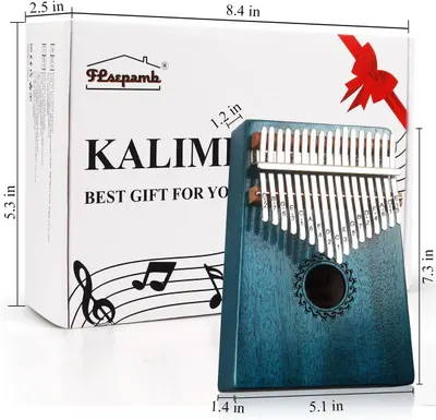 Communicates the exact physical dimensions of the kalimba instrument and its packaging to help shoppers understand the product's compact size and portability.