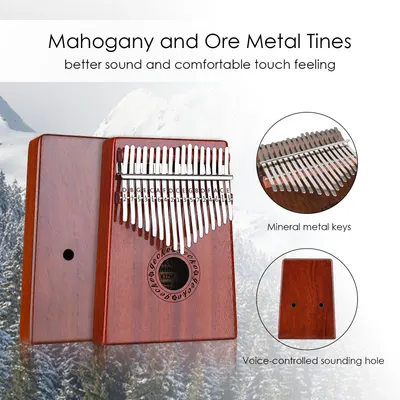 This image breaks down the kalimba's key physical components—the mahogany wood body, ore metal tines, mineral metal keys, and voice-controlled sounding hole—to educate shoppers on the product's…