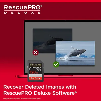 Communicates that the product includes RescuePRO Deluxe software to recover deleted images, providing reassurance and added value to shoppers concerned about data loss.