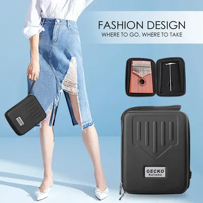 Shows the complete package contents including the kalimba instrument, protective carrying case, and tuning tool to demonstrate the value and completeness of the purchase.