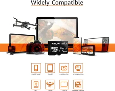 Demonstrates that the Amazon Basics microSD card works with multiple device types including smartphones, tablets, cameras, drones, laptops, and gaming consoles, reassuring shoppers of its…