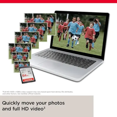 Communicates the SD card's high-definition video capability and fast data transfer performance to reassure shoppers of quality and speed. Highlights the primary benefit of quickly moving photos and…