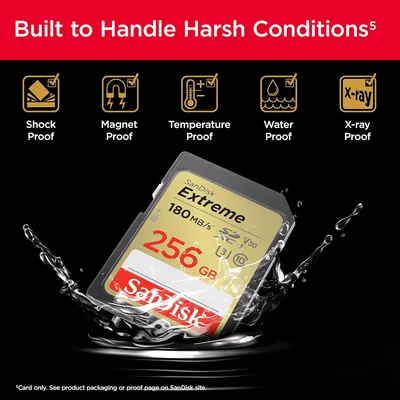 Communicates the product's durability and reliability across five distinct harsh conditions, reassuring shoppers that the memory card can withstand extreme environments and protect their data.