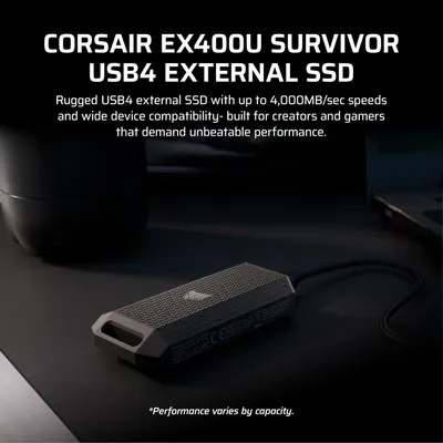 Introduces the Corsair EX400U Survivor external SSD with brand prominence and product name, establishing brand identity and positioning the product for creators and gamers. Highlights the impressive…
