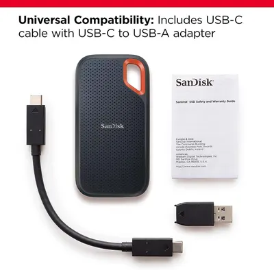 Shows everything included in the package (SSD drive, USB-C cable, USB-A adapter, and warranty guide) to reassure shoppers they have all necessary accessories for universal device compatibility.