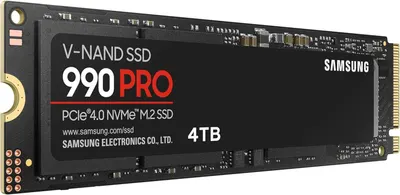 Provides a clean, catalog-style view of the Samsung 990 PRO SSD showing the product label, branding, capacity, and technical specifications without distractions.