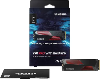 Shows the customer everything included in the purchase: the Samsung 990 PRO SSD with heatsink, retail packaging, and documentation, helping shoppers understand the complete bundle they will receive.