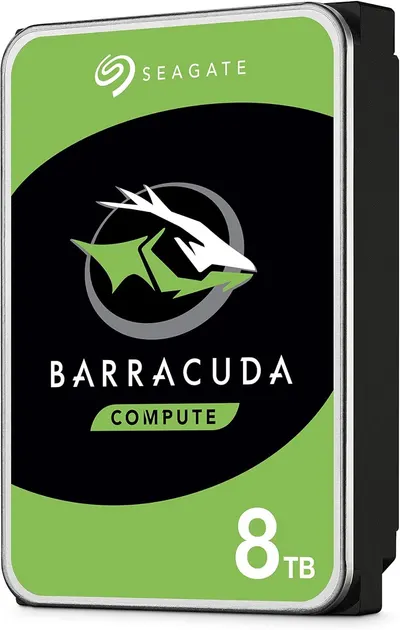 Showcases the Seagate brand identity and the Barracuda Compute product line, emphasizing the 8TB storage capacity to help shoppers identify the specific product variant and brand heritage.