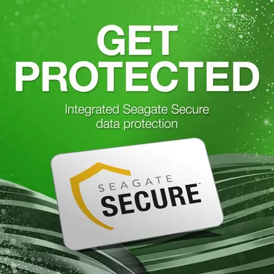 Communicates that the product includes integrated Seagate Secure data protection technology, reassuring shoppers about the security and safety of their stored data.