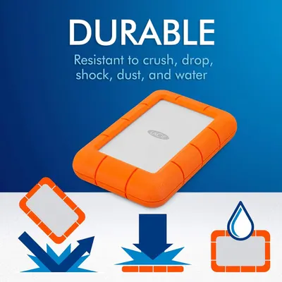 Communicates the product's rugged durability and multi-hazard protection to reassure shoppers that this external hard drive can withstand harsh conditions and accidents.