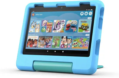 Shows the tablet in its protective case on a clean white background to give shoppers a clear view of the product's physical appearance and kid-friendly design.