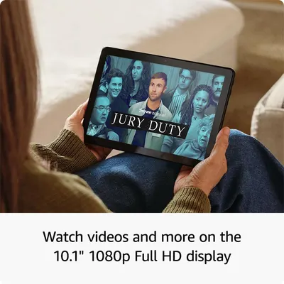 Highlights the tablet's screen size and high-definition display quality to communicate superior viewing experience for video streaming and entertainment. Demonstrates the tablet's capability for…