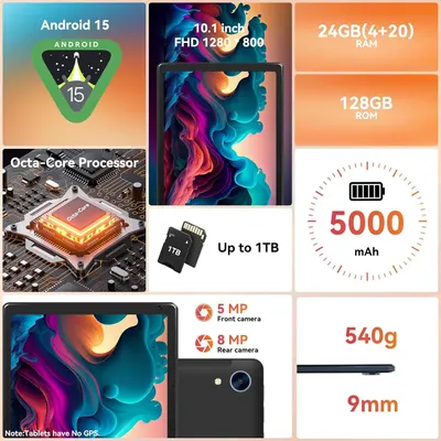 This image showcases the tablet's comprehensive technical specifications across multiple segmented panels, highlighting key features like operating system, display quality, memory, processing power,…