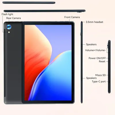 This image breaks down the tablet's physical components and port locations to help shoppers understand the device's hardware features and button placements.
