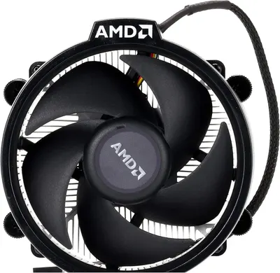 Displays the AMD CPU cooler fan on a clean white background to show the product clearly without distractions, allowing shoppers to see the design and branding.