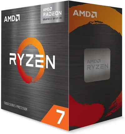 Shows the retail packaging of the AMD Ryzen 7 5000 Series processor with Radeon graphics built-in, allowing shoppers to see exactly what they will receive.