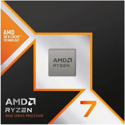 Communicates the brand identity and specific product line (AMD Ryzen 9000 Series) with emphasis on the proprietary 3D V-Cache technology to establish brand recognition and technical credibility.