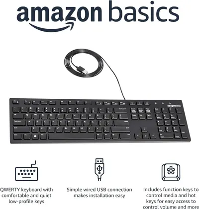 Communicates multiple key benefits of the keyboard in a segmented layout: comfortable QWERTY design, easy USB installation, and convenient function/media keys for volume and playback control.