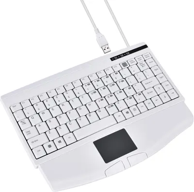 Provides a clean, catalog-style view of the keyboard with integrated touchpad, showing the full product design and USB connection without distractions.