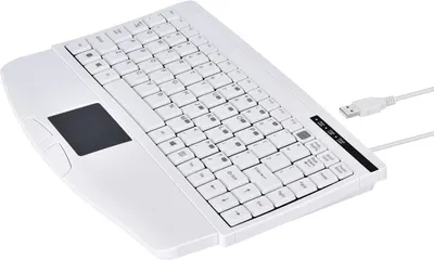 Displays the complete keyboard product on a clean white background to show its design, layout, and included USB cable connection.