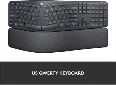 Displays the full product on a clean white background to show the ergonomic split keyboard design with integrated cushioned wrist rest and US QWERTY layout specification.