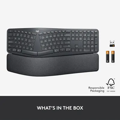 Shows the customer everything included in the package: the ergonomic keyboard with wrist rest, wireless USB receiver, and two batteries. Also highlights the responsible FSC-certified packaging.…