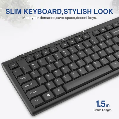Communicates multiple benefits of the keyboard including its slim profile, space-saving design, stylish look, and includes a technical specification (1.5m cable length) to help shoppers understand…
