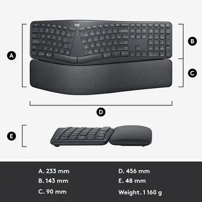 Provides exact measurements (height, width, depth, weight) with labeled arrows to help shoppers understand the physical size and weight of the keyboard.