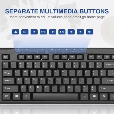Highlights the keyboard's dedicated multimedia buttons that provide convenient shortcuts for adjusting volume, sending email, and navigating to the home page, emphasizing ease of use and quick…