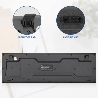 Highlights the physical components of the keyboard's underside—the high foot pad for angle adjustment and the antiskid mat for stability—to reassure shoppers about the product's thoughtful design…