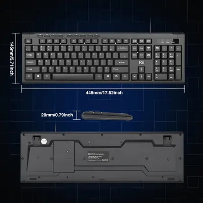 Communicates the exact physical dimensions of the keyboard (445mm width, 145mm height, 20mm thickness) to help shoppers understand the product's size and ensure it fits their workspace.