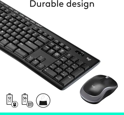 Communicates multiple key benefits of the keyboard and mouse combo: durability, extended battery life for both devices, and easy plug-and-play setup to reassure shoppers of quality and convenience.