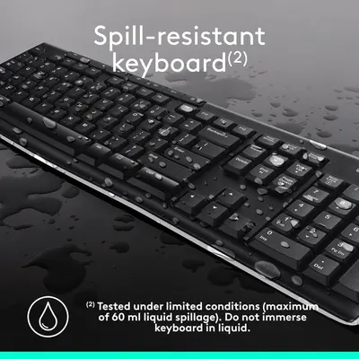 Communicates that the keyboard is spill-resistant and can withstand liquid exposure, reassuring shoppers about durability and protection against accidental spills.