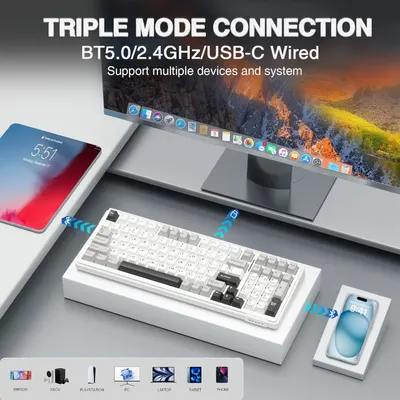 Demonstrates the keyboard's versatility by showing it can connect to multiple devices simultaneously (tablet, computer, phone) across different platforms (Switch, Xbox, PlayStation, PC, Laptop,…
