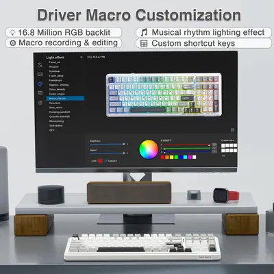 Showcases multiple distinct features of the keyboard's driver software and customization capabilities, including RGB lighting, macro functionality, music sync, and programmable keys, to demonstrate…
