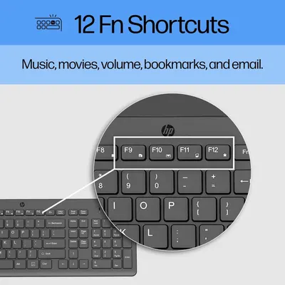 Highlights the keyboard's 12 function key shortcuts for quick access to music, movies, volume, bookmarks, and email, emphasizing convenience and productivity.