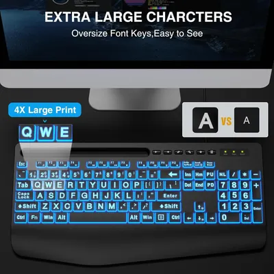 Demonstrates that this keyboard has significantly larger, easier-to-see characters compared to standard keyboards, making it ideal for users with vision challenges. Highlights the primary benefit of…