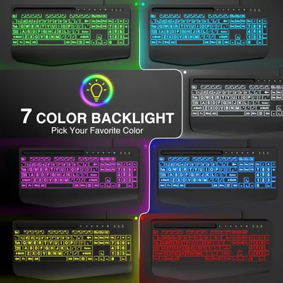 Highlights the keyboard's customizable RGB backlighting feature with 7 color options, allowing shoppers to personalize their setup and reassuring them of the product's aesthetic versatility.