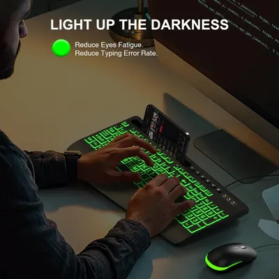 Communicates that the backlit keyboard feature helps users work comfortably in dark environments by reducing eye strain and improving typing accuracy.
