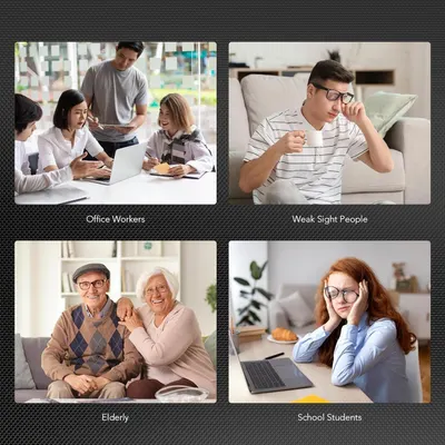 Demonstrates that the product is suitable for multiple user groups including office workers, people with weak sight, elderly, and school students, showing its versatility across different…